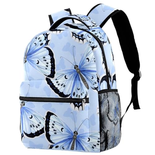 Sac à dos d'école papillons bleus pour fille et garçon, cartable décontracté de 29.4x20x40cm