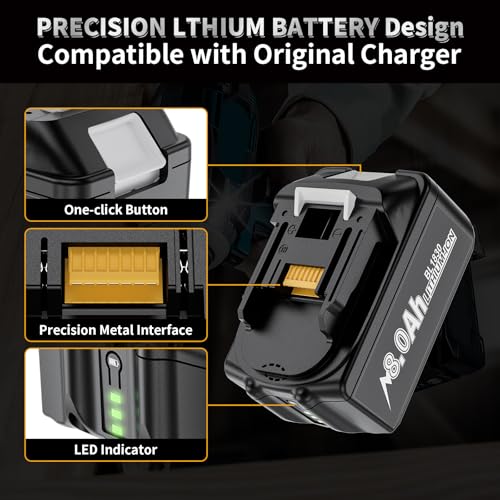 Image of 2 Pack 8.0Ah High Capacity Battery and Charger Replacement for Makita 18V Battery Compatible with BL1860B BL1850B BL1840B BL1830B BL1820 BL1815B with LED Indicator