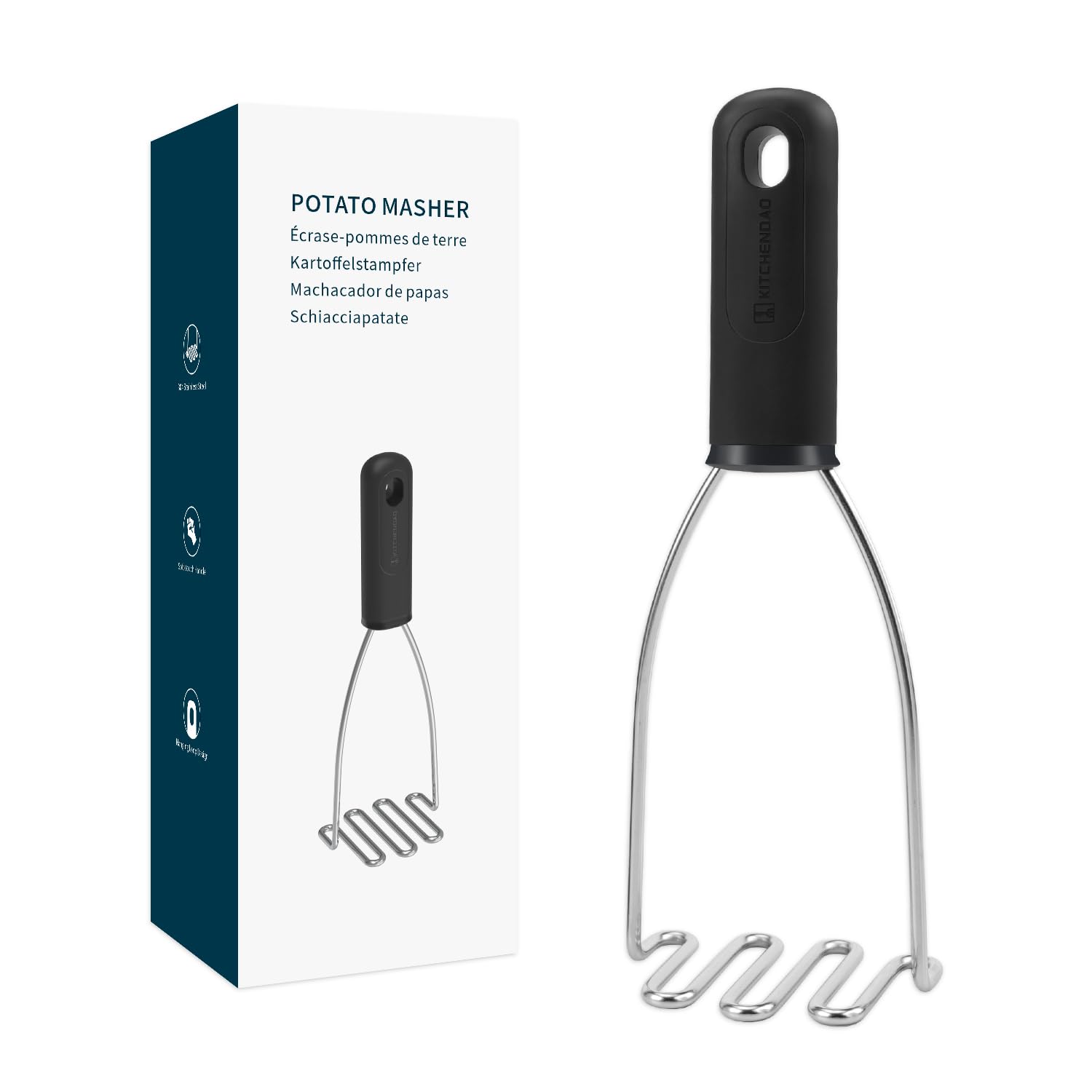 KITCHENDAO 304 Stainless Steel Potato Masher, Heavy Duty Kitchen Tool with Soft-Touch Comfort Grip Handle, Dishwasher Safe & Easy-Store Hanging Loop