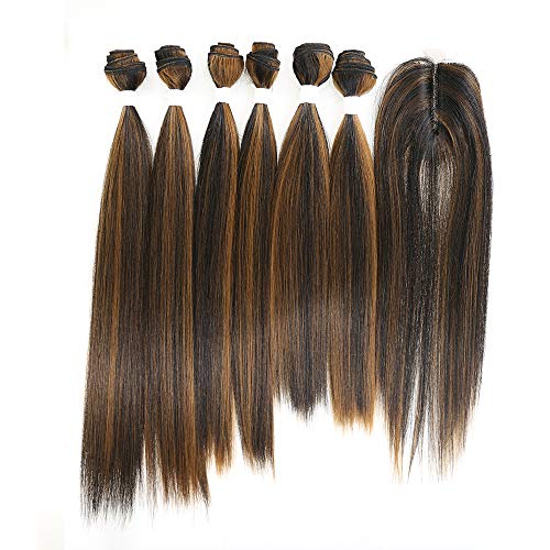 X-TRESS Black Ombre Medium Brown Balayage Synthetic Hair Bundles with Closure Yaki Straight Weft Weave Swiss Lace Hair Extension Heat Resistant (RWF-9331-FM1B/30)