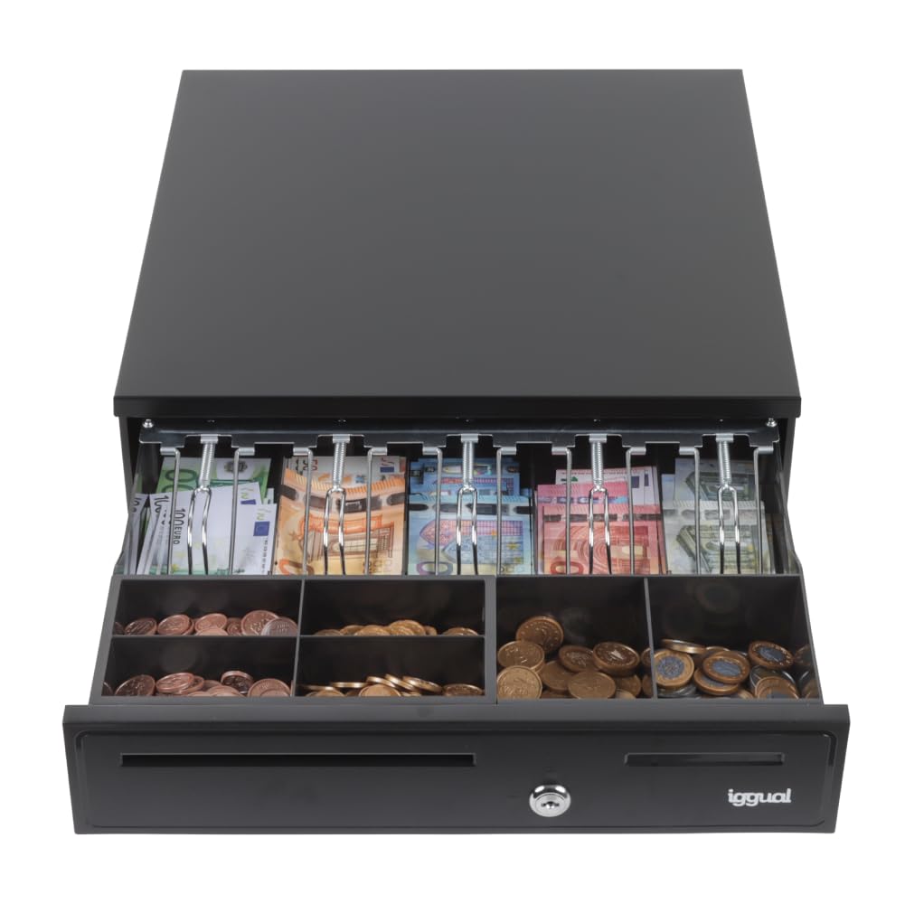 iggual - Drawer - IRON - 35 | Cash Register with Manual or Automatic Opening - 5 + 6 Compartments for Bills and Coins with 3 Positions Lock - Black