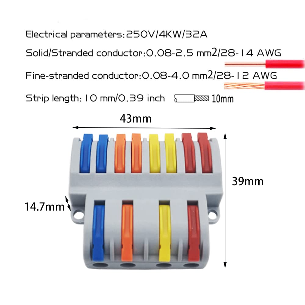Bloque Terminal, CESFONJER 8 pcs SPL-84 Conectores Electricos, Conectores de Cable Compacto con Palanca de Empuje con Resorte (4 en 8 fuera)