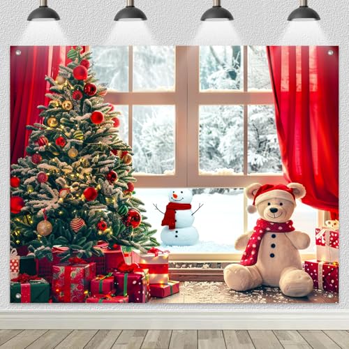 BlissYard Christmas Tree Backdrop Banner 8x6ft Box Teddy Bear Background Snowman Red Curtain Winter Wonderland Happy Christmas Party Decoration Indoor Outdoor Scene by BlissYard - Used condition - Image 4