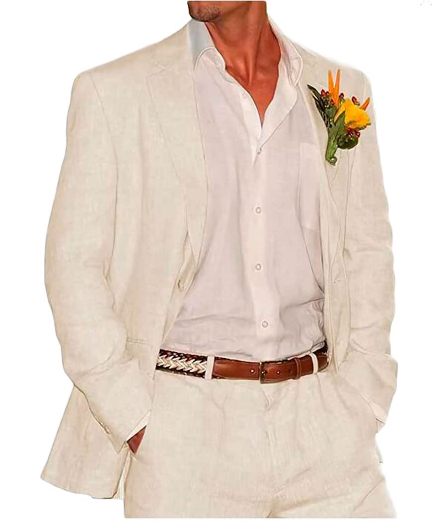 Botong 2 PC Linen Wedding Suits for Men Peak Lapel Prom Suit Regular Fit Groom Tuxedos Summer Beach Suit Casual Wear Ivory 40 Chest / 34 Waist