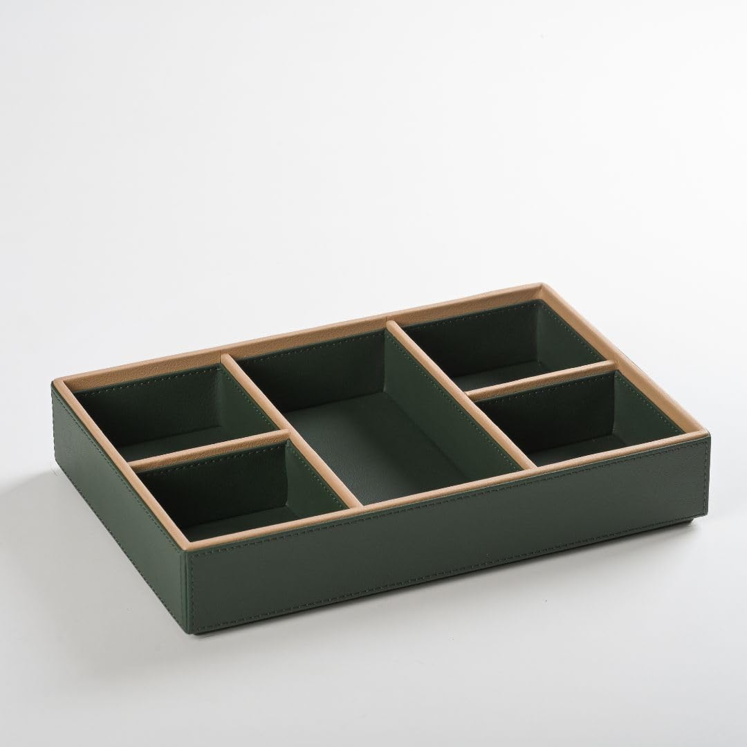 CASA BOTANICAL Desk Leather Organizer Tray with 5 Compartments Stylish | Perfect For Jwelry Organizer, Office, Study, Table, Bedside Tray, Cosmetic, & Decoration | Beige Multi-Functional Storage 2