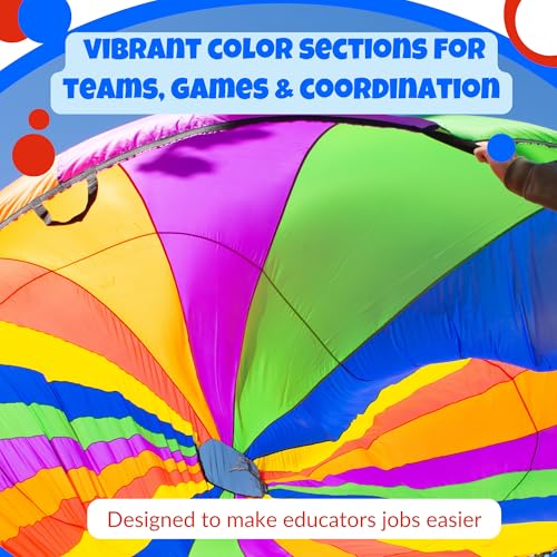 Image of Activejoy - Parachute for Kids - 8ft /12ft / 16ft / 20ft / 24 ft / 30ft - Rainbow Parachute Toy with Handles - Great for Gym Class, Field Day & Outdoor Games