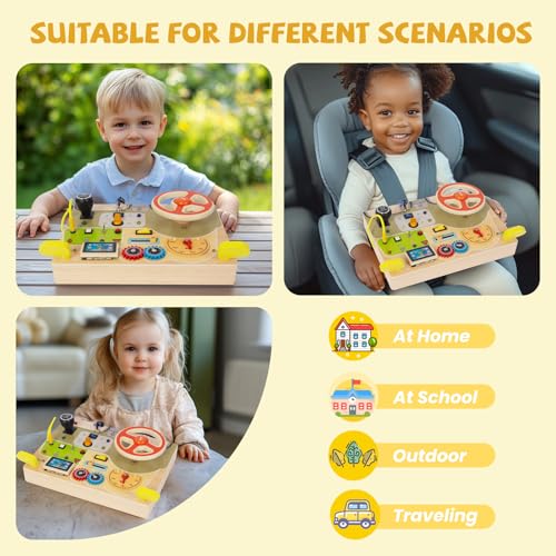 Image of Montessori Busy Board for Toddlers Baby Busy Board Car Steering Wheel Wooden Sensory Board Travel Toys for Fine Motor Skill Gift for 3+ Years Old Boys Girls Christmas Birthday Parents