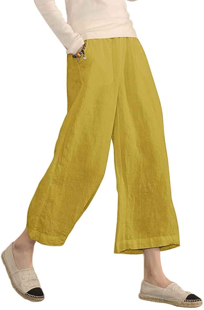 ECUPPER Womens Cotton Cropped Pants Wide Leg Trousers Casual, Plus Size, Elastic Waist, Capri, 100% Cotton, Loose Fit, High Rise Waist, Lounge Pants