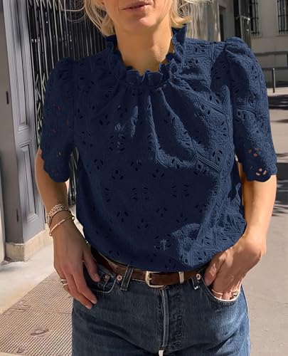 PRETTYGARDEN Womens Summer Tops 2025 Trendy Short Sleeve Eyelet Embroidered Dressy Casual Blouse Shirts3