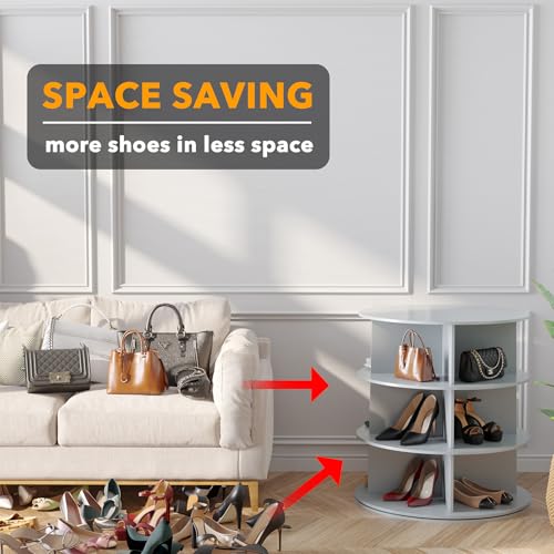 SpaceAid 3 Tier Rotating Shoe Rack Tower, Spinning Shoe Display Lazy Susan, Revolving 360 Shoe Rack Storage Round Carousel, Vertical Handbag Rotate Shoes Closet Organization (3-Tier Gray)