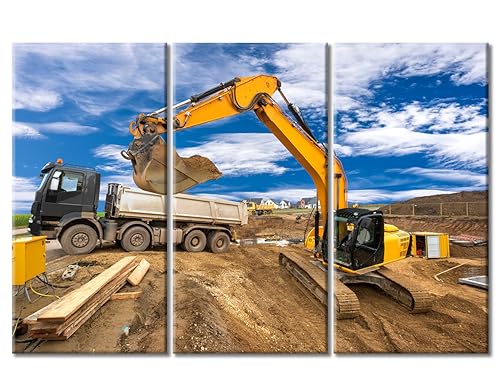 Excavator Pictures Wall Art for Living Room Excavator Working on Construction Site Wall Painting 3 Panels Framed Wall Art Giclee Print Gallery Packaging Artwork Ready to Hang (60" Wx40 H)