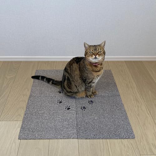 Rugtasu ラグタス タイルラグ ミニ てくてく肉球 約30×30cm 厚み約7mm タイルカーペット 刺繍 洗濯機OK 置くだけ設置 滑り止め加工 フリーカット ペット対応 ふかふか やわらか (グレー, 32枚)