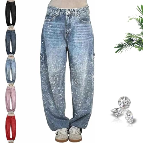 Women's Casual Rhinestone Loose Harem Jeans,Sparkly Jeans with Rhinestone for Women High Waisted Straight Wide Leg Denim Pant