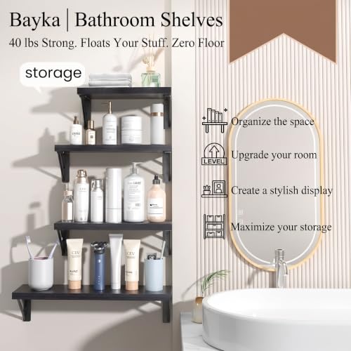 Image of BAYKA Wall Mounted Floating Bathroom Shelves, Black, Set of 4, 16in | Wood Wall Shelf for Bathroom Essentials & Decor, Space-Saving Display & Organizer