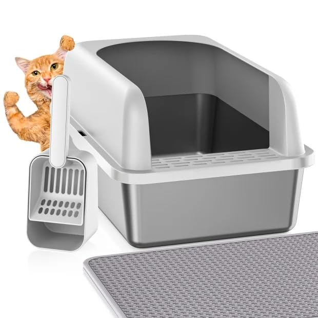 Stainless Steel Litter Box with Lid, Metal Litter Box with Cat Litter Mat,Extra Large Enclosed Cat Litter Boxes for Multiple Cats, Anti-Leakage,Non-Stick, Easy to Clean, Included Mat, Scoop
