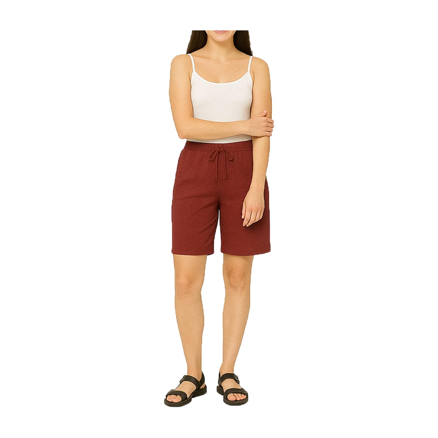 Womens Mid Rise Elastic Waistband Cotton Women Above Knee Shorts-image-47
