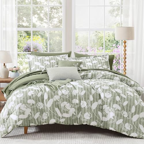 BLOOMHAVEN Queen Comforter Set -7 Pieces Sage Green Floral Comforter...