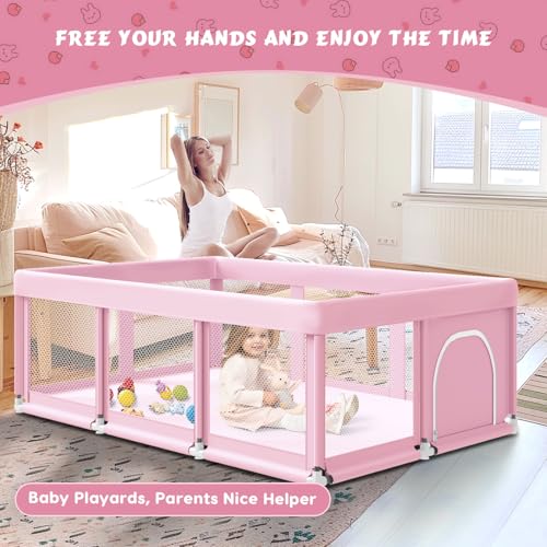 Image of Fshibila 74 inch x50 inch Large Baby Playpen, Baby Playard for Babies and Toddlers, Play Pens for Indoor & Outdoor, Sturdy Safety Play Yard with Soft Breathable Mesh, Anti-Fall, Pink