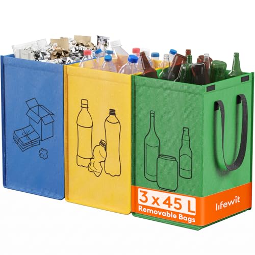 Lifewit Juego de 3 Cubo de Basura Reciclaje 45L, Bolsas Reciclaje Basura Colores para Papel, Cartón, Plástico, Vidrio y Botellas, Recycling Bin para Cocina y Exterior