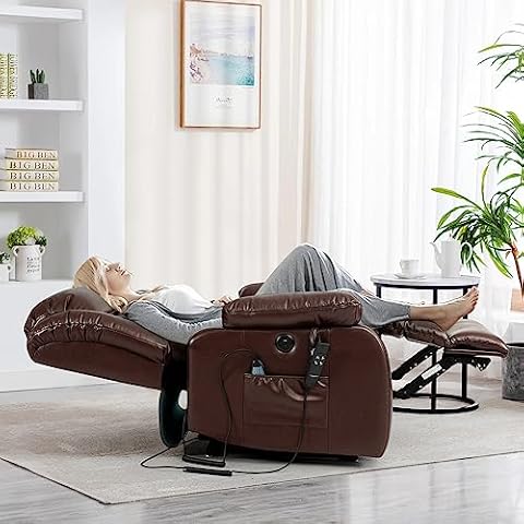 ASHOMELI Infinite Position Dual Motor Large Power Lift Recliner Chair with Massage and Heating,Real Leather,2 Side Pockets, USB and Type-c Ports (Brown) Cover
