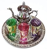 Kenta Juego de te marroquí bandeja repujada 30 cm + 3 vasos multicolores+ tetera pequeña