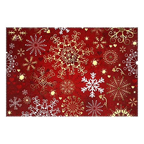 Naanle Christmas Holiday Placemats, Christmas Red Gold Snowflake Non Slip Heat-Resistant Washable Table Place Mats for Kitchen Dining Table Home Decoration, 12