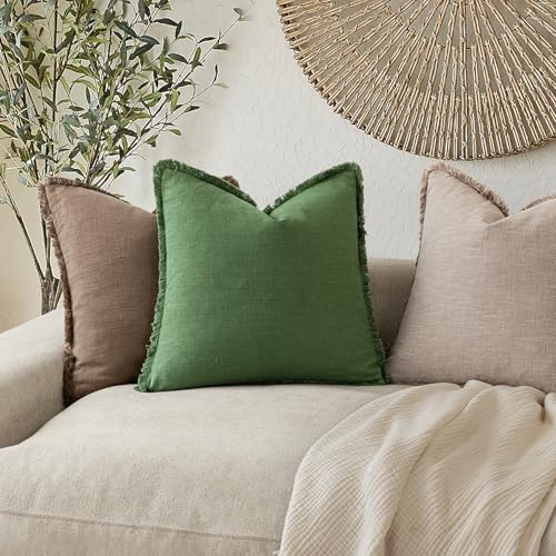 Image of Foindtower Set of 2 Decorative Linen Fringe Throw Pillow Covers Cozy Boho Farmhouse Cushion Cover with Tassels Soft Accent Pillowcase for Couch Sofa Bed Living Room Home Decor,20x20 Inch,Forest Green