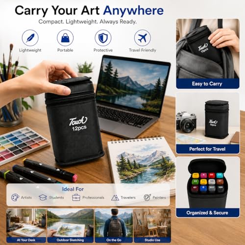 Image of Dual Tip Colorful Art Markers Sketch Pens Colors With Carrying Case For Painting Sketching Calligraphy Drawing -Twin Head Permanent Colouring Marker Pens (Pack OF 1) (Marker Black 12)