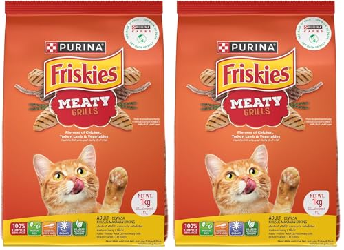 Image of Purina Friskies Meaty Grills Adult Dry Cat Food, 1 kg, Contains Chicken, Turkey, Lamb and Vegetables Flavours (Pack of 2)