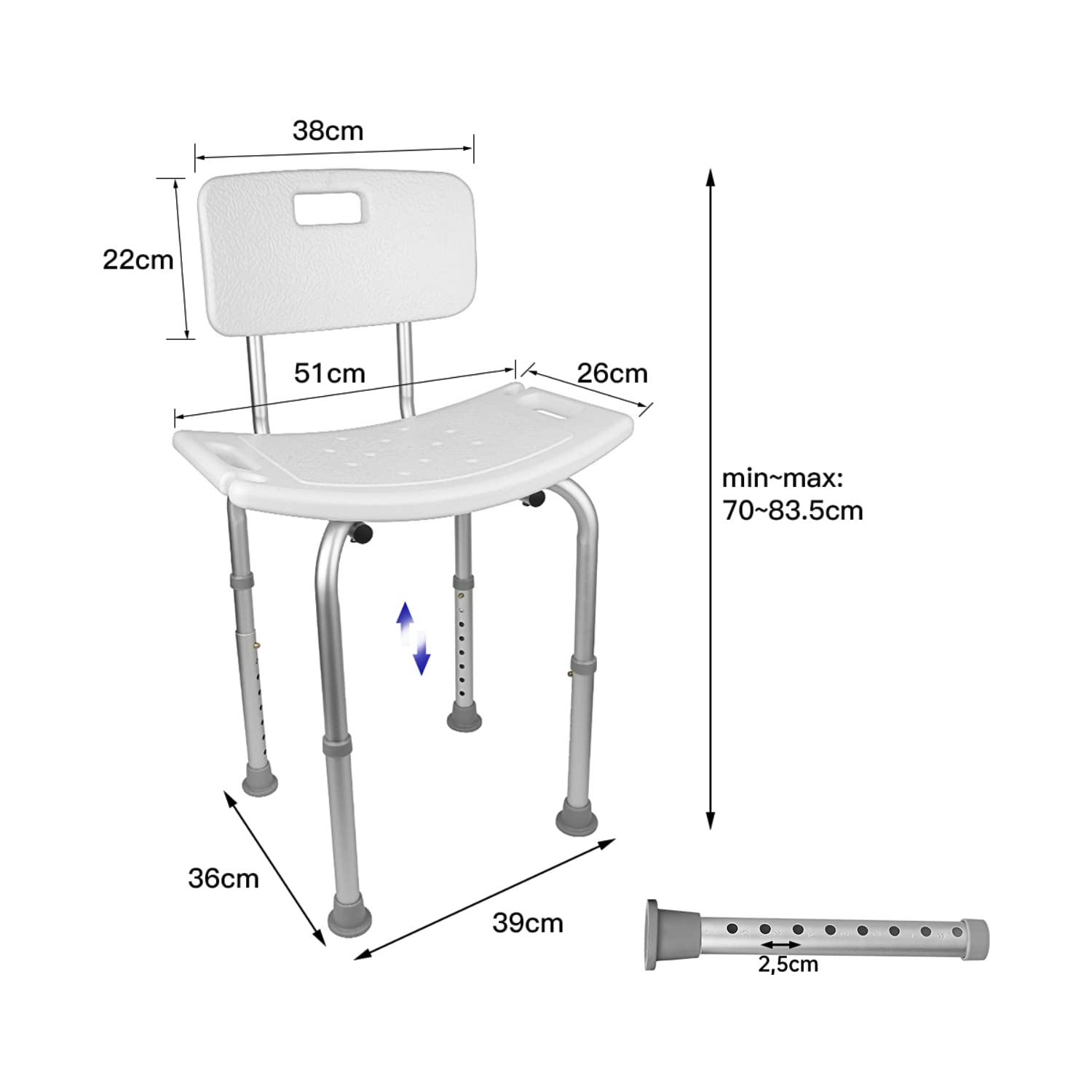 SHISHI Silla de Baño Antideslizantes, Taburete de Baño Mayores, Taburete de Ducha Altura Regulable, Aluminio y Plástico, Silla Ducha con Respaldo, Blanco C, 38×36×(70-83) cm