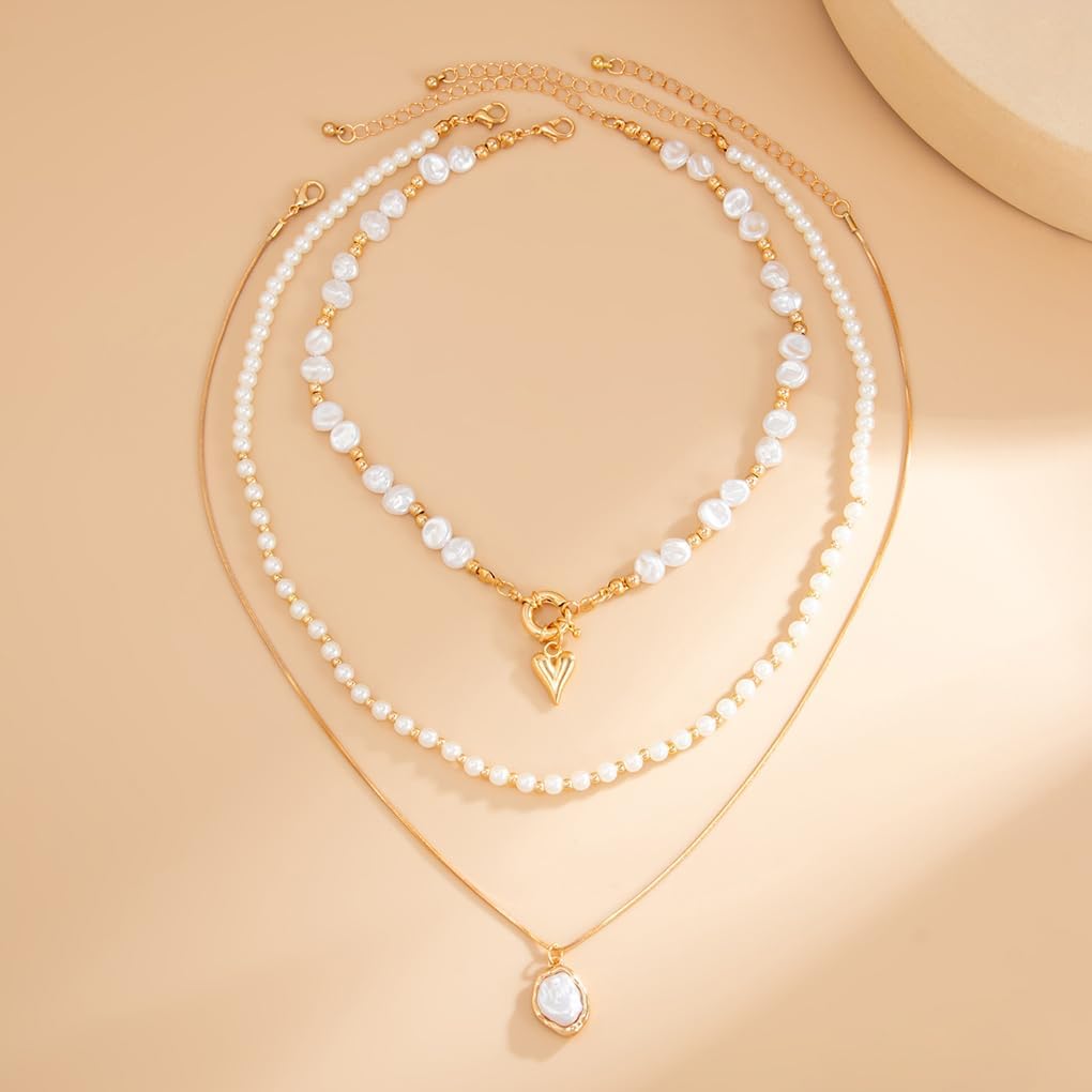 Layered Gold Pearls Beaded Heart Choker Necklaces for Women,Vintage Stackable Baroque Pearl Love Pendant Necklace,Charm Party Jewelry Accessories Gift - Image 5