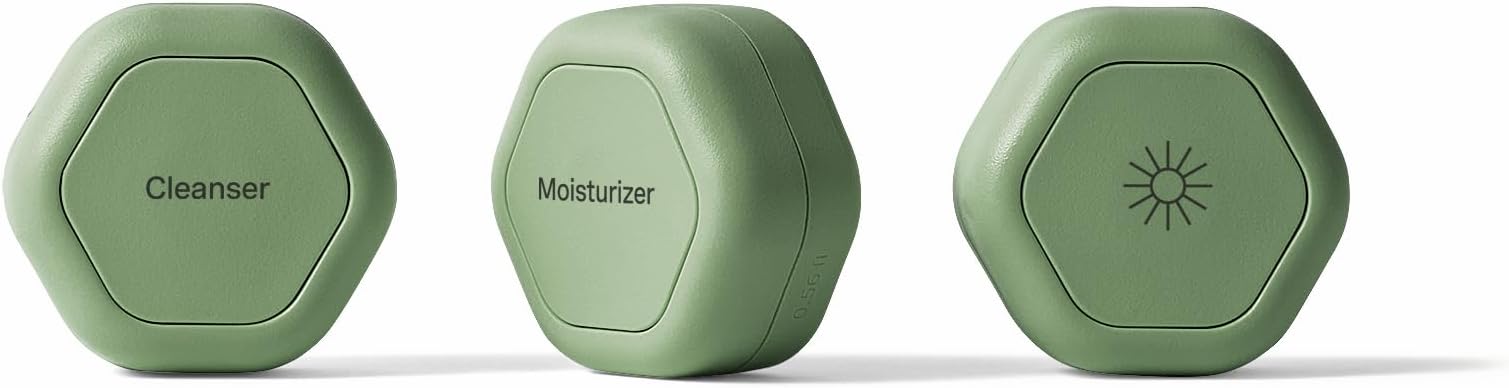 Travel Containers Basic Skincare Set - Magnetic Containers with Lids,Carry On Travel Essentials For Women/Men - 3 Small Capsules (0.56oz) - Cleanser, Moisturizer & Sun-Icon Labels - Eucalyptus