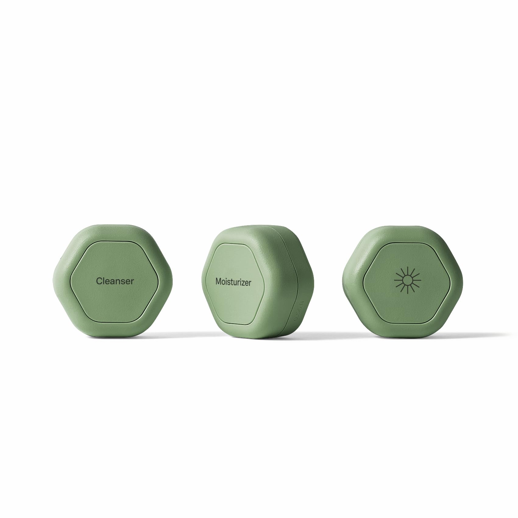 Cadence Travel Containers Basic Skincare Set - Magnetic Containers with Lids,Carry On Travel Essentials For Women/Men - 3 Small Capsules (0.56oz) - Cleanser, Moisturizer & Sun-Icon Labels - Eucalyptus