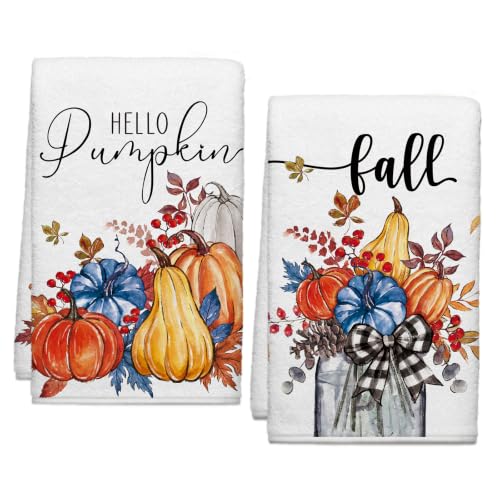 Image of Hello Fall Pumpkin Kitchen Towels, Autumn Leaves Harvest Dish Towels Set of 2, Rustic Thanksgiving Holiday 18 x 26 Inch Hand Towel Quick Drying Dishcloth Decor for Kitchen Bathroom Home