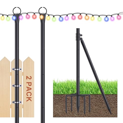 String Light Poles - Patio Light Poles with Fork, Stability Poles for Outdoor String Lights, Metal Poles for Hanging Outdoor Lights in Garden,Patio,Backyard, Deck,and Wedding (2PACK)