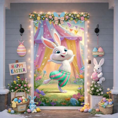 Image of Happy Easter Door Cover Dancing Bunny Banner Carnival Style Spring Front Door Decorations Home Party Outdoor Decor 35.4x71 Inch