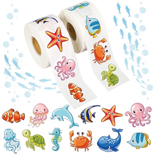 1200 PCS Ocean Animal Stickers Roll Cartoon Sea Life Sticker Fish Sticker Deals Sea Creature Labels for Ocean Theme Party Gifts Cards Envelopes Decoration 2 Roll