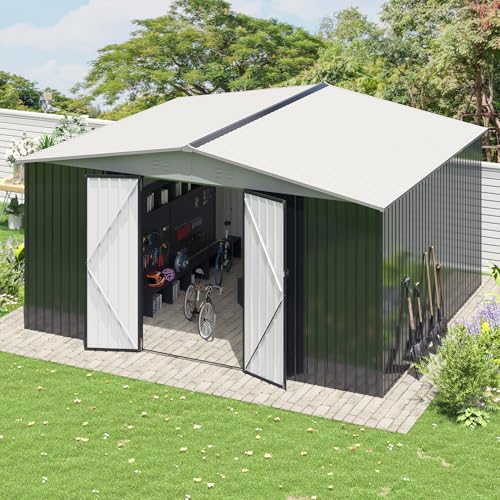 Image of Polar Aurora 12x14 FT Outdoor Storage Shed | Garden Shed with Updated Frame Structure and Lockable Doors, Metal Tool Sheds for Backyard Garden Patio Lawn, White
