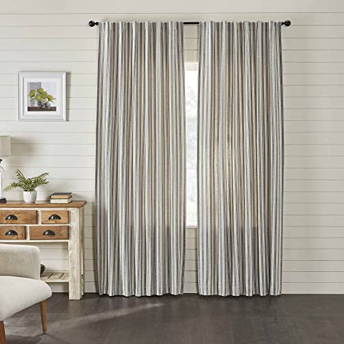 Market Place Blue Ticking Stripe Panel Curtains, Set Of 2, 84" Long, Farmhouse Style Blue & Natural Cream Window Drapes #TOP27