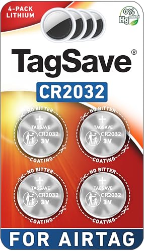 TagSaver Replacement Batteries for Apple AirTag, Perfectly Fits AirTag, No Bitter Coating, OEM CR2032 Battery (Pack of 4)