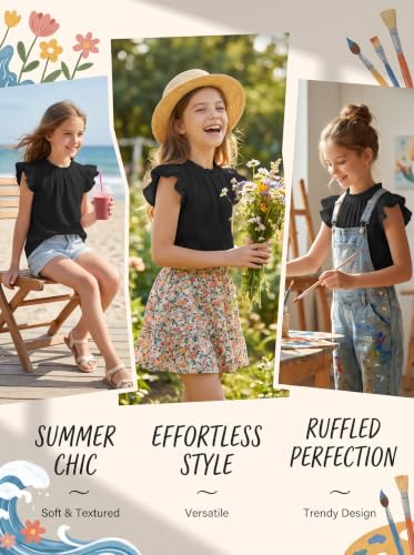 Image of Arshiner Girls Ruffle Short Sleeve Shirts Cute Summer Frill Neck Pleated Textured Blouse Tops