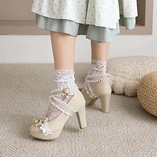Image of FOREADA Lolita Shoes Platform Mary Jane Heels Kawaii Bow Lace Pearl Pumps | Vintage kawaii lolita styling ideal for dresses, with bead, lace, bow, ankle strap, pink, white and classic black colors