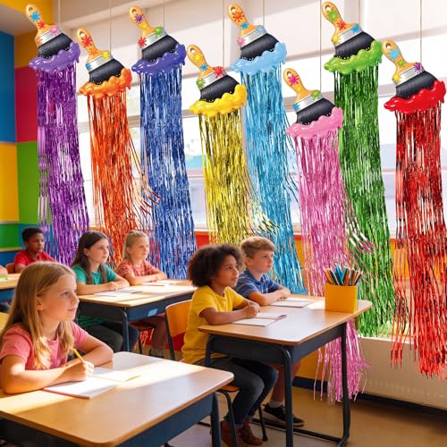 Image of Affrolling 8 Pcs Art Paint Party Decoration Back to School Paint Brush Hanging Decorations with Tassels for Classroom Back to School Art Birthday Party Supplies 3.4 ft Summer Door Banner Sign Decor