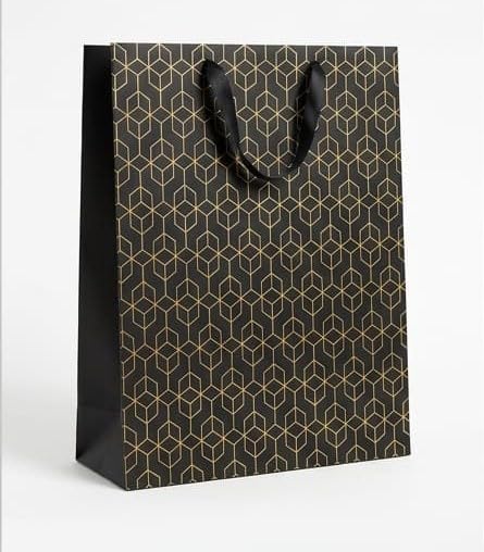 PaperAura Premium Gift Bag with Rope Handles | Luxury Paper Carry Bag for Gifts, Return Gifts, Shopping & Festive Packaging | Reusable Designer Gift Bag 13 x 4.5 x 17 Inches (Black, Pack Of 12, Design 5)