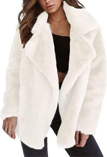 Women's Lapel Open Front Warm Faux Fur Jacket Coats Long Sleeve Fleece Cardigan Jackets Overcoat with Pockets (White,Small)