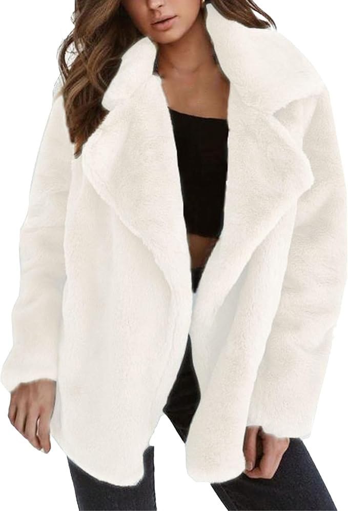 Women's Lapel Open Front Warm Faux Fur Jacket Coats Long Sleeve Fleece Cardigan Jackets Overcoat with Pockets
