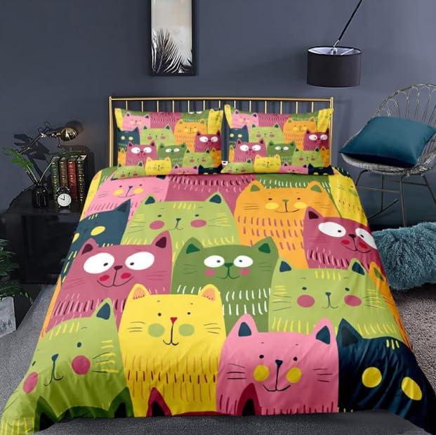 QBIDCSX Funda Nordica Cama 135 Gato de Dibujos Animados Funda Edredon 230x220 cm y 1 Funda de Almohada 50x75 cm para Niñas Niños con Cremallera Suave Transpirable 110gsm Microfibra Fundas Nordicas