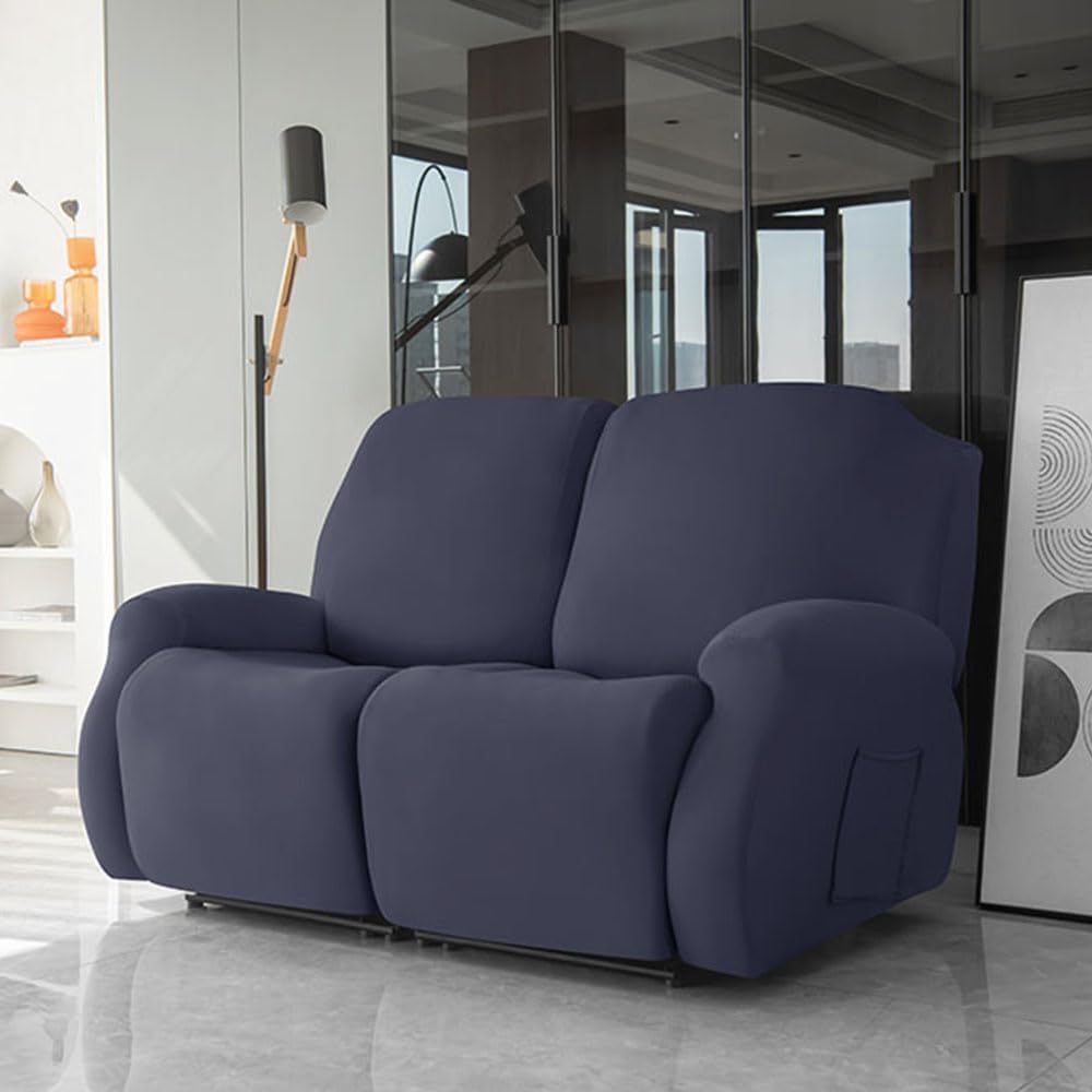 Funda elástica suave para silla reclinable, antideslizante, protector de sofá con bolsillos laterales, protector de muebles para sillas reclinables (azul marino, 2 plazas)