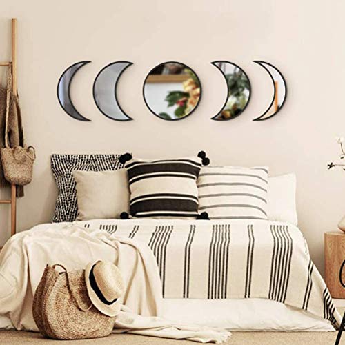 Honio Moon Phase Mirror Set, Easy to Install Boho Moon 5pcs Bright and Spacious Wall Decor Mirrors for Bedroom (Black)