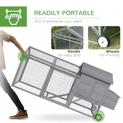 Image of PawHut 96.5 inch Chicken Coop Wooden Hen House Poultry Cage Pen Portable with Wheels and Nesting Box, Chicken Cage for Backyard Outdoor, Gray